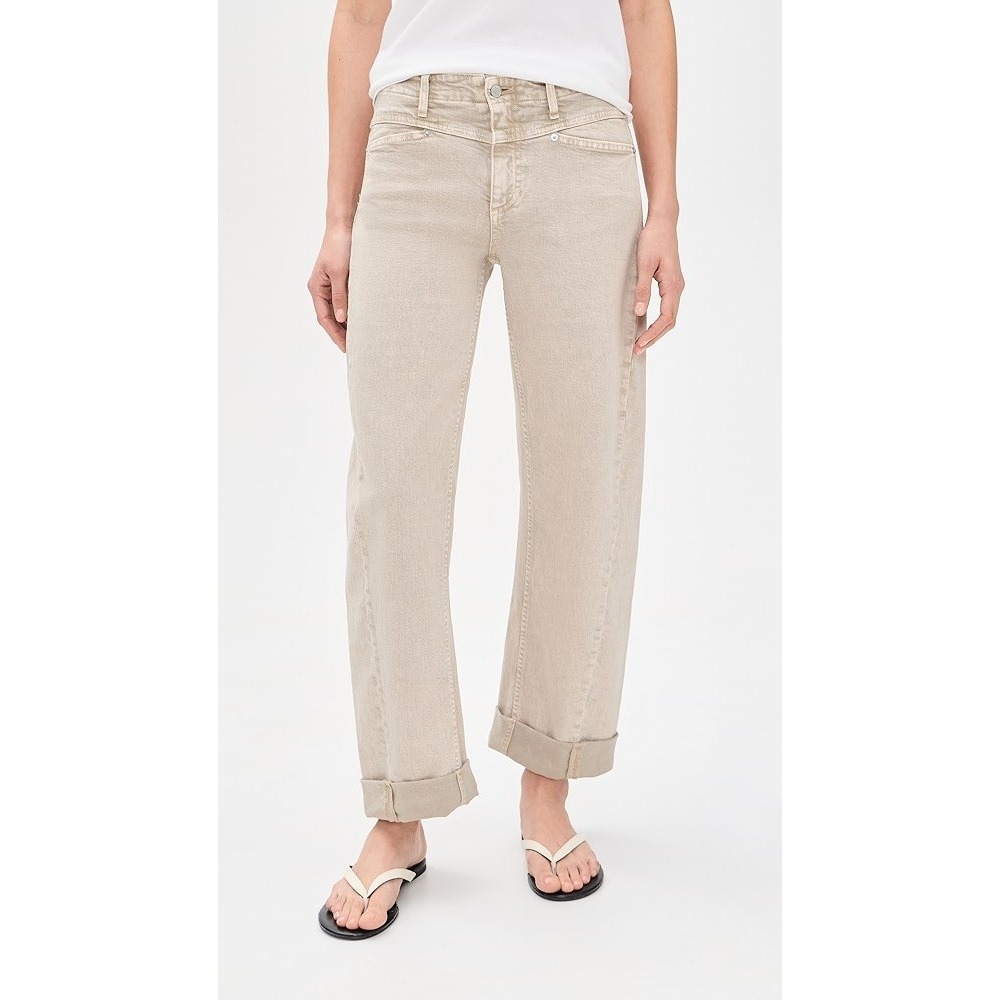 LE JEAN Selena Crop Jeans Tan Slouchy Boyfriend Wide Leg Cuffed Barrel Size 28